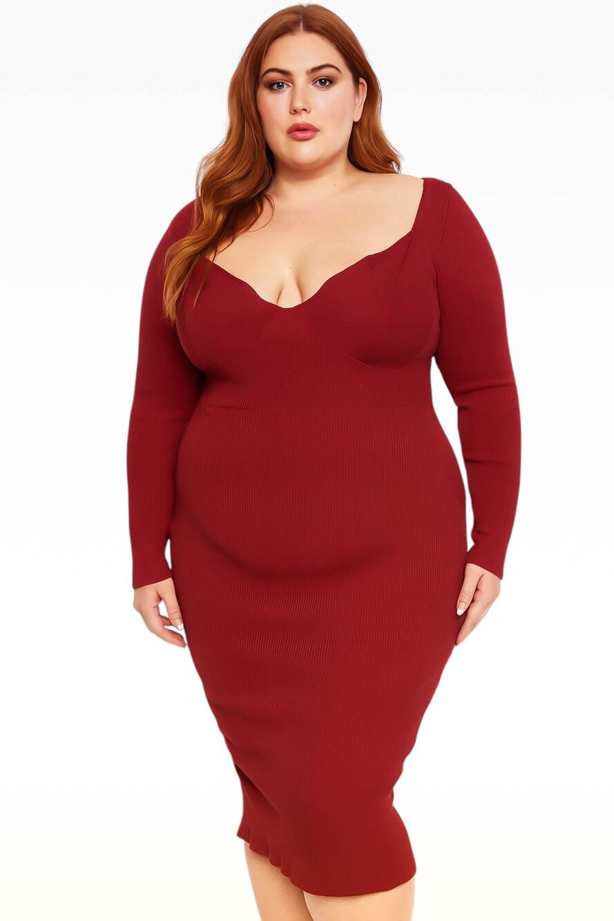 ASOS Dress Curvy Bodycon Ribbed Midi Cottage Minimalist Y2K Long Sleeve Red 20